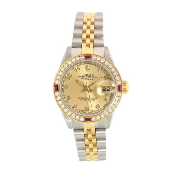ROLEX DATEJUST CHAMPAGNE ARABIC DIAL DIAMOND-RUBY JUBILEE TWO-TONE WATCH 69173 - Picture 2 of 8